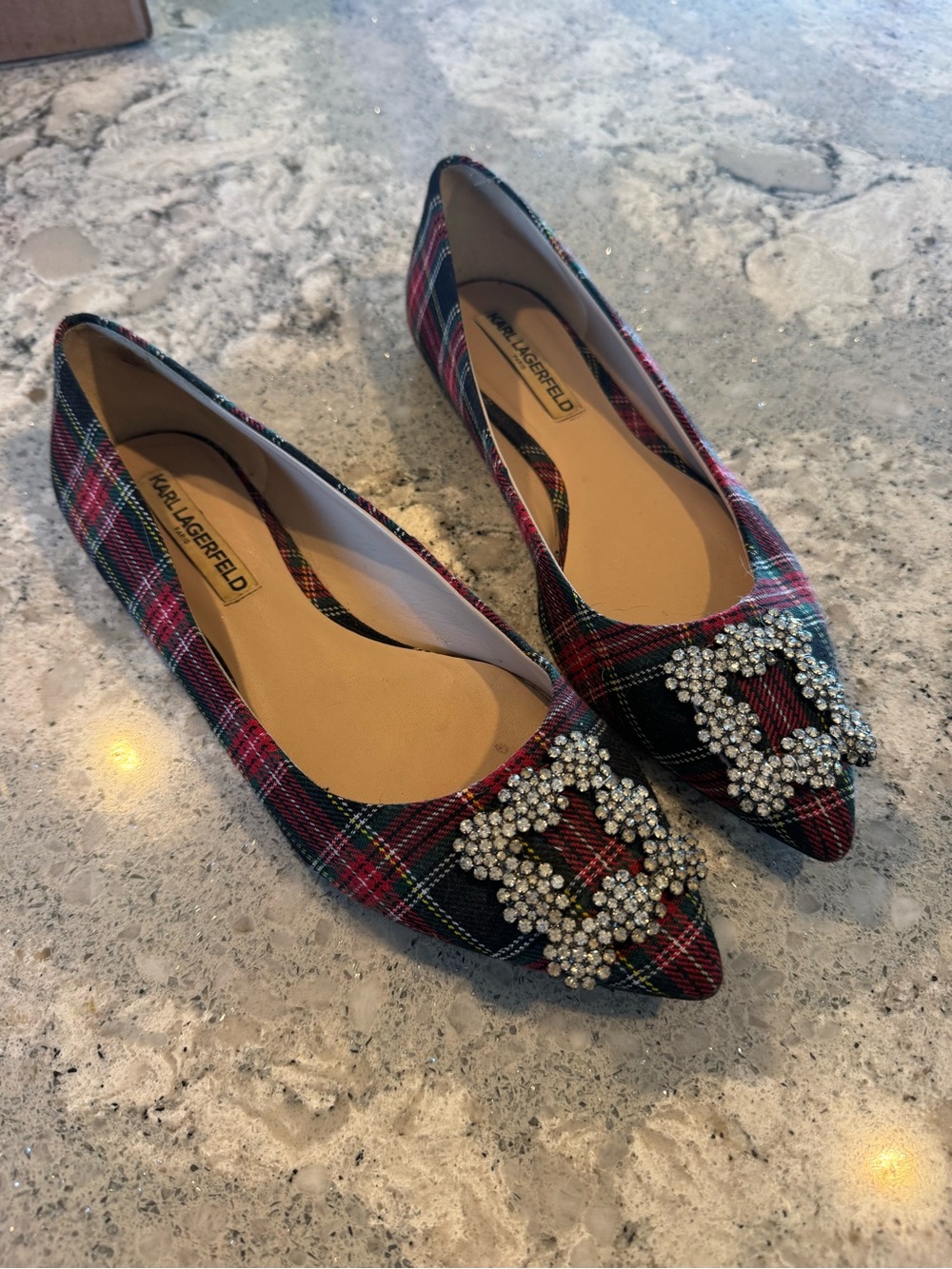 Karl Lagerfeld Red Tartan Plaid Pointed Toe Flats with Crystal Rosette